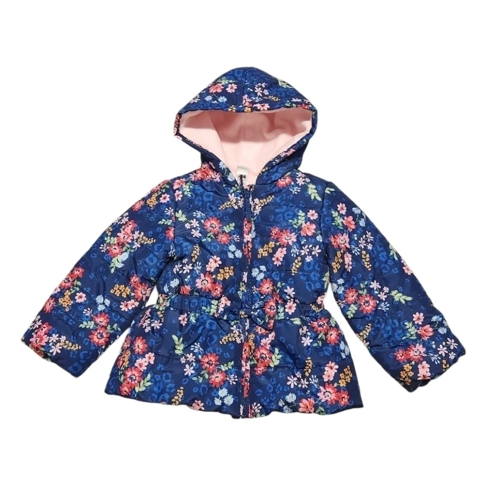 Little Me Girl's Navy Blue Floral Hooded Winter Coat Jacket, 3T